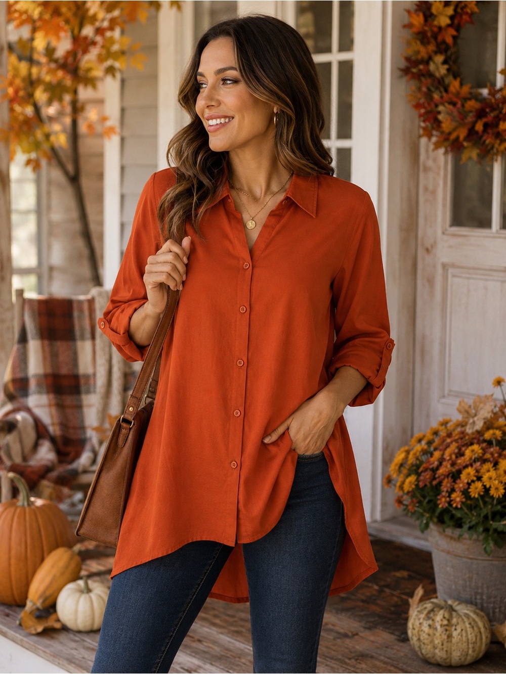 Zac & Rachel Burnt Orange Roll Tab Sleeve Tunic Shirt Small Fall Button Down